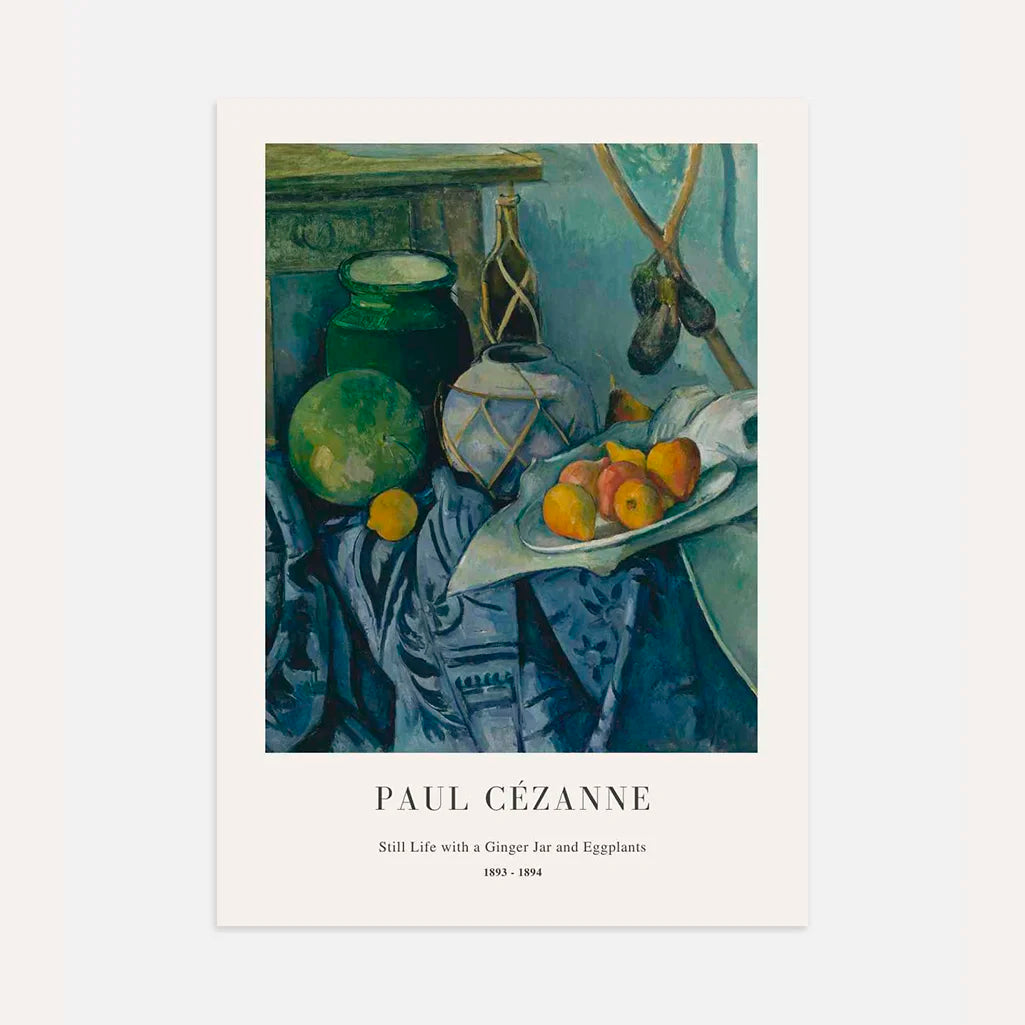 Paul Cézanne – Natura morta con vaso di zenzero e melanzane Poster