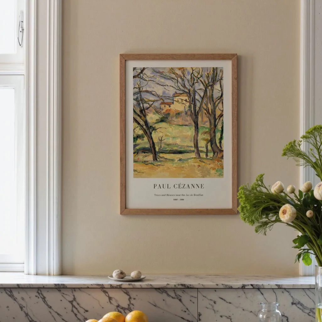 Paul Cézanne – Alberi e case vicino al Jas de Bouffan Poster