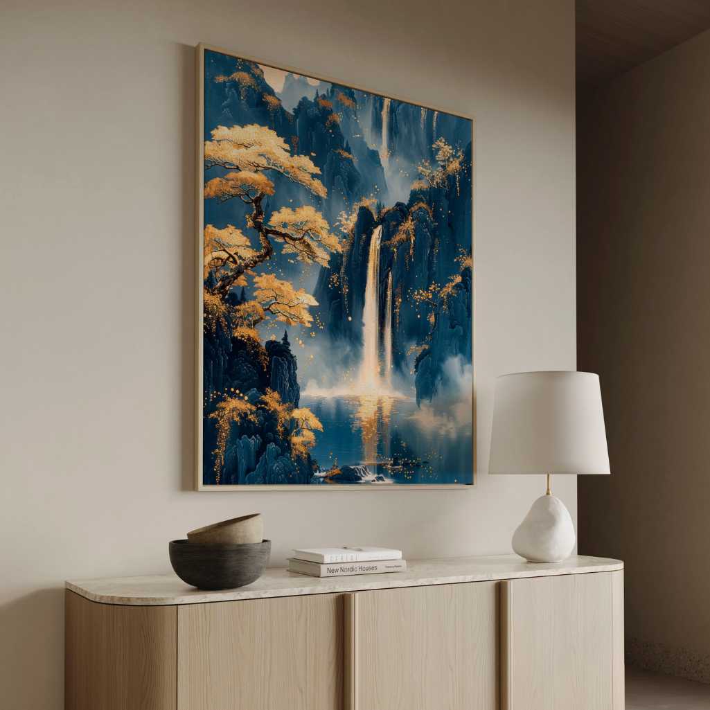Framed Canvas Print Golden Eastern Waterfalls