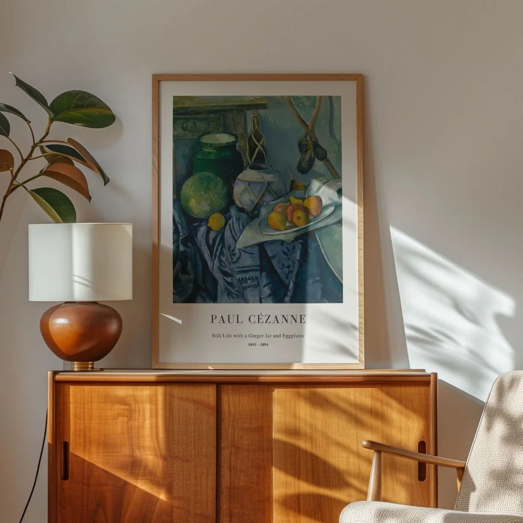 Paul Cézanne – Natura morta con vaso di zenzero e melanzane Poster