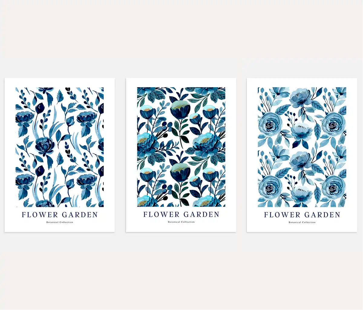 Flower Garden Blue Botanical Prints – Watercolor Floral Set of 3