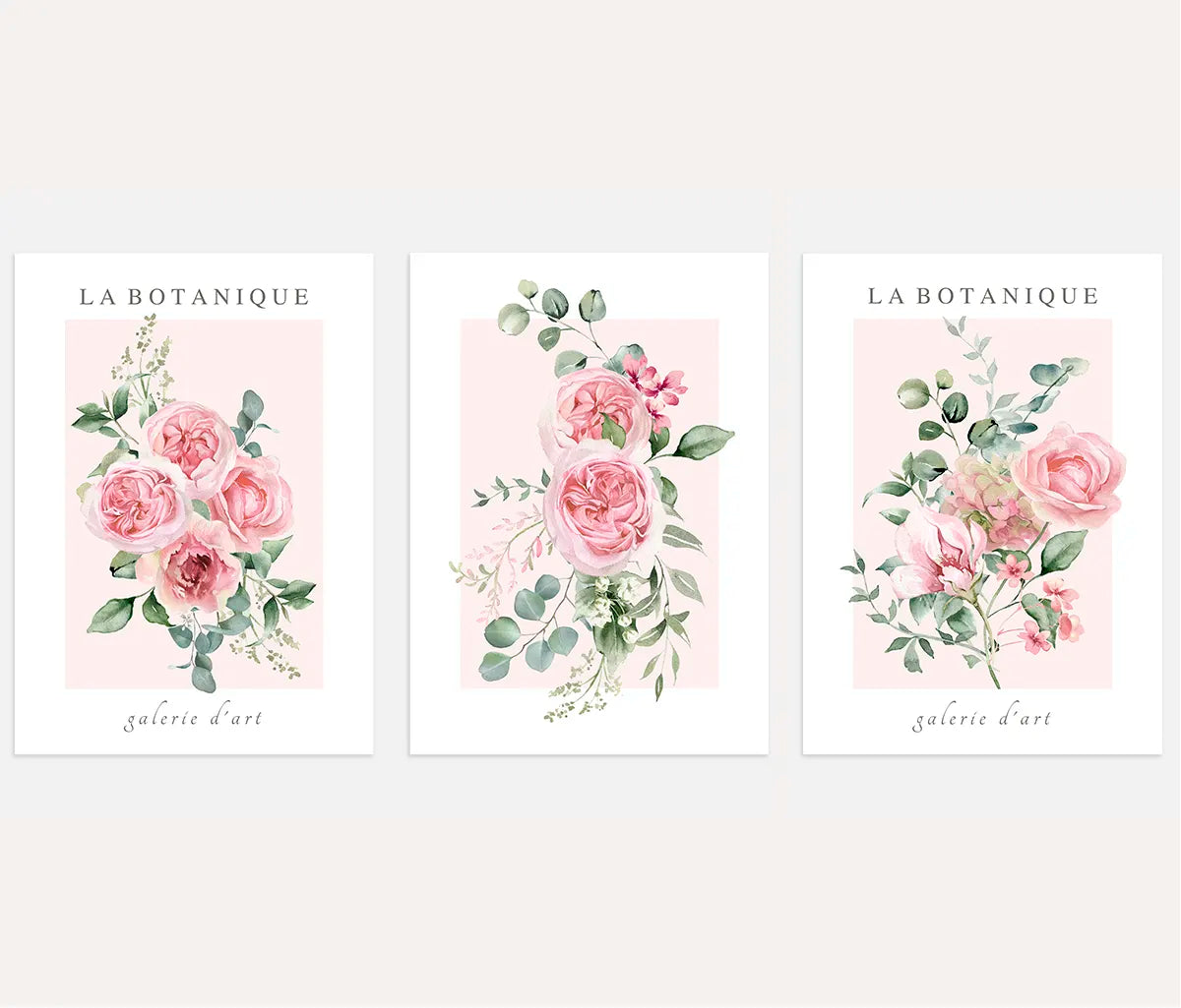 La Botanique Watercolor Floral Prints – Soft Pink Botanical Wall Art Set of 3