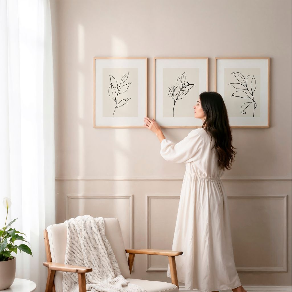 Minimal Botanical Line Art Prints – Beige Set of 3