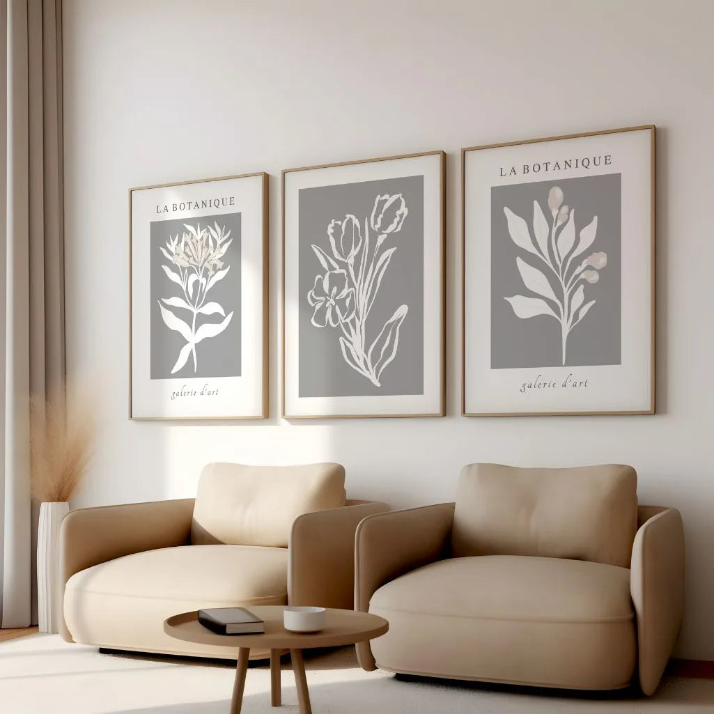 Gray Botanical Abstract Prints – Neutral Floral Set of 3