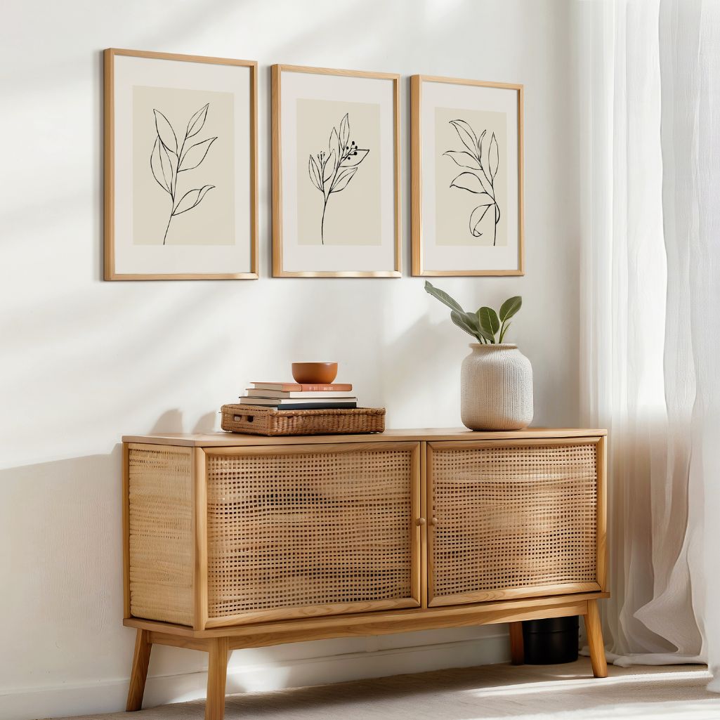 Minimal Botanical Line Art Prints – Beige Set of 3