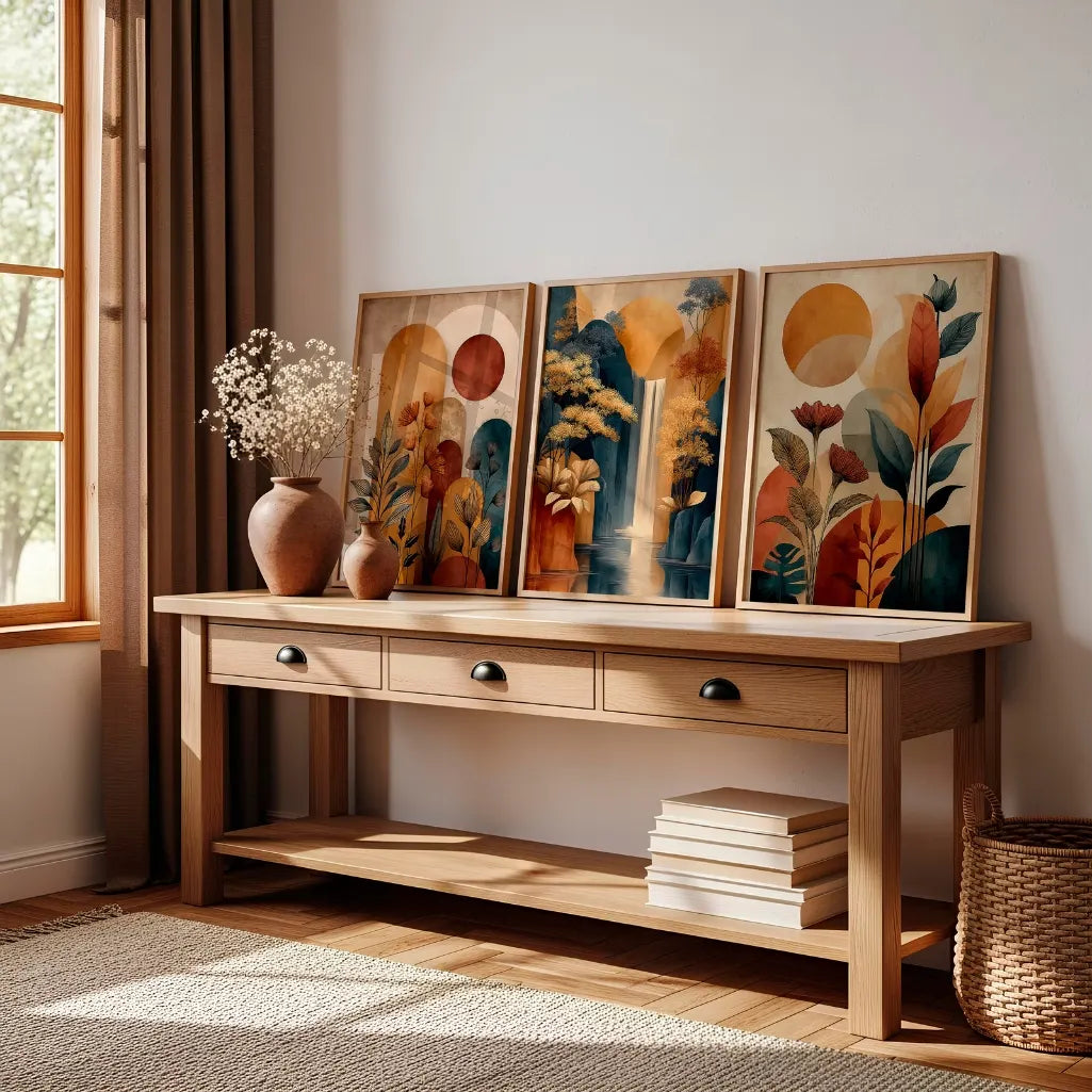 abstract landscape wall art set with botanical elements in warm neutral tones
