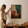 modern boho portrait print with artistic woman face and textured botanical background