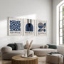 navy and cream bauhaus wall art set in modern minimalist living room