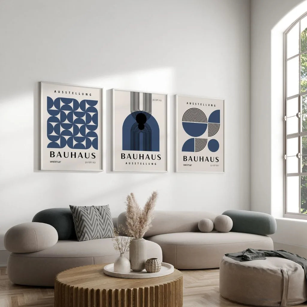 navy and cream bauhaus wall art set in modern minimalist living room