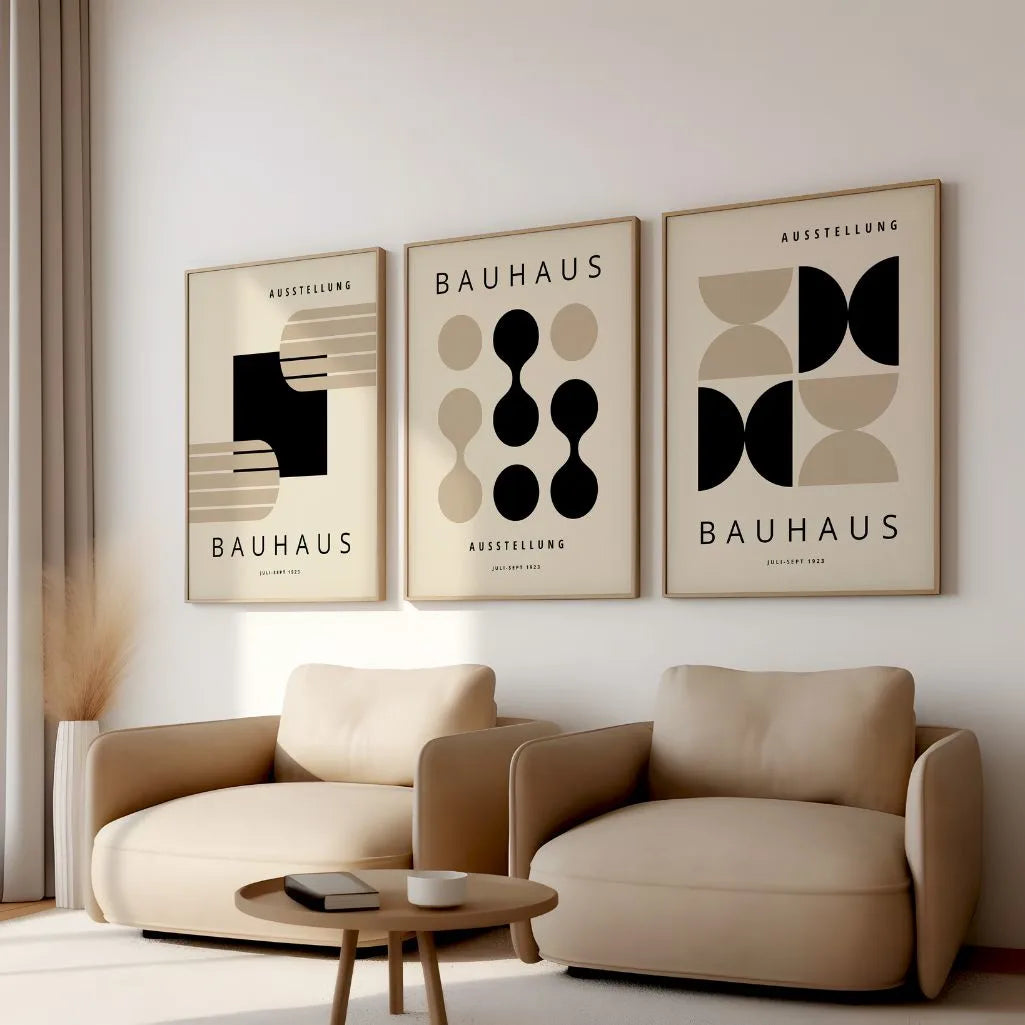 black and beige geometric bauhaus poster set in contemporary office