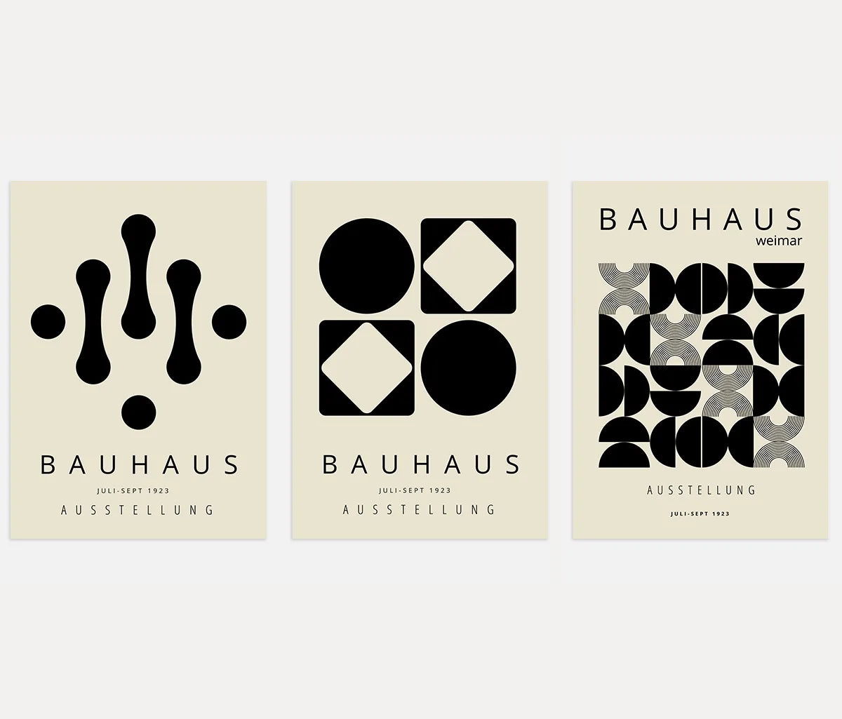 bauhaus poster set of 3 with black geometric modular shapes