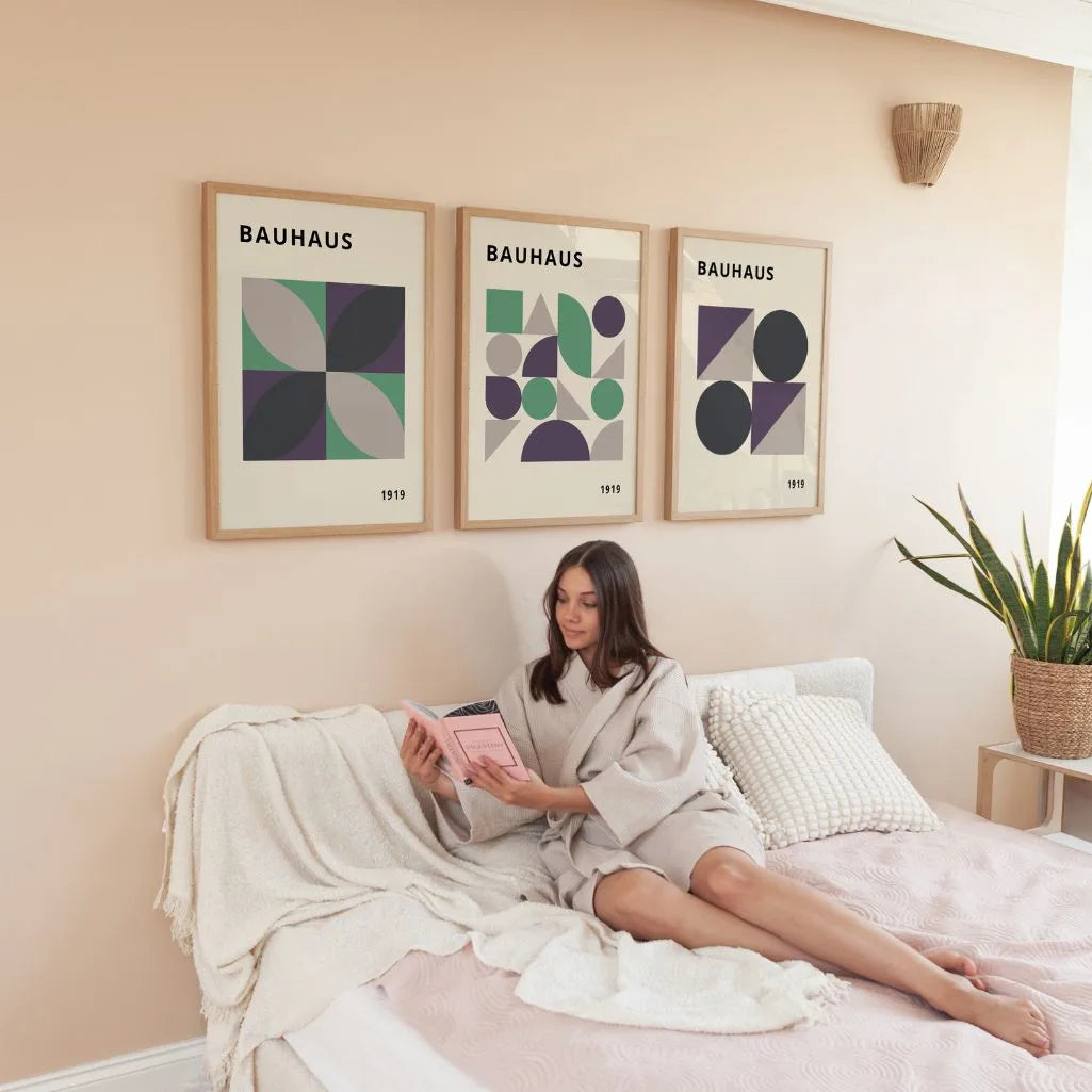 geometric bauhaus wall art set of 3 styled in modern living room