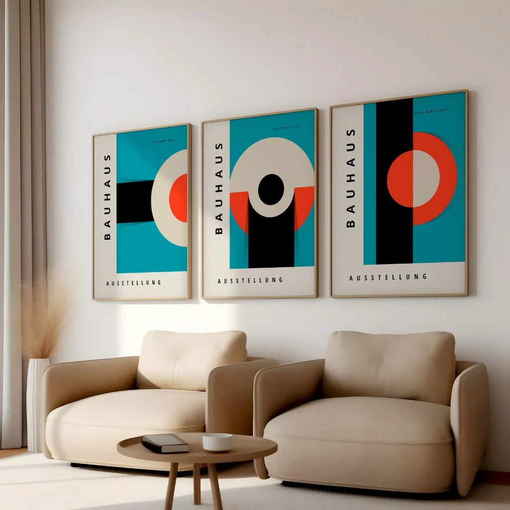 Abstract Bauhaus exhibition style poster set with minimalist geometry and retro color palette