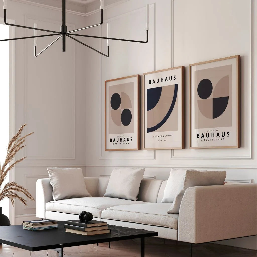 neutral bauhaus poster set arranged in quiet modern gallery wall