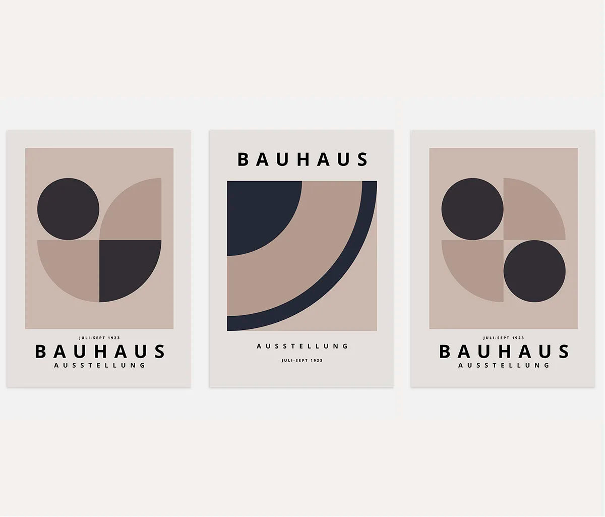 bauhaus poster set of 3 with neutral geometric circles half circles and quarter forms