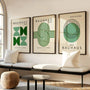 green geometric bauhaus poster set arranged in gallery wall