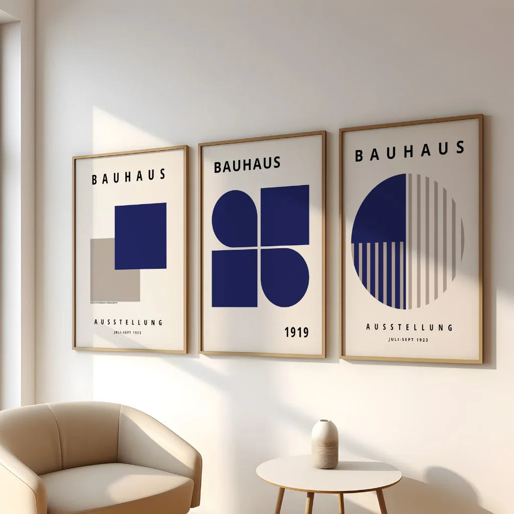 navy and beige bauhaus poster set arranged as modern gallery wall
