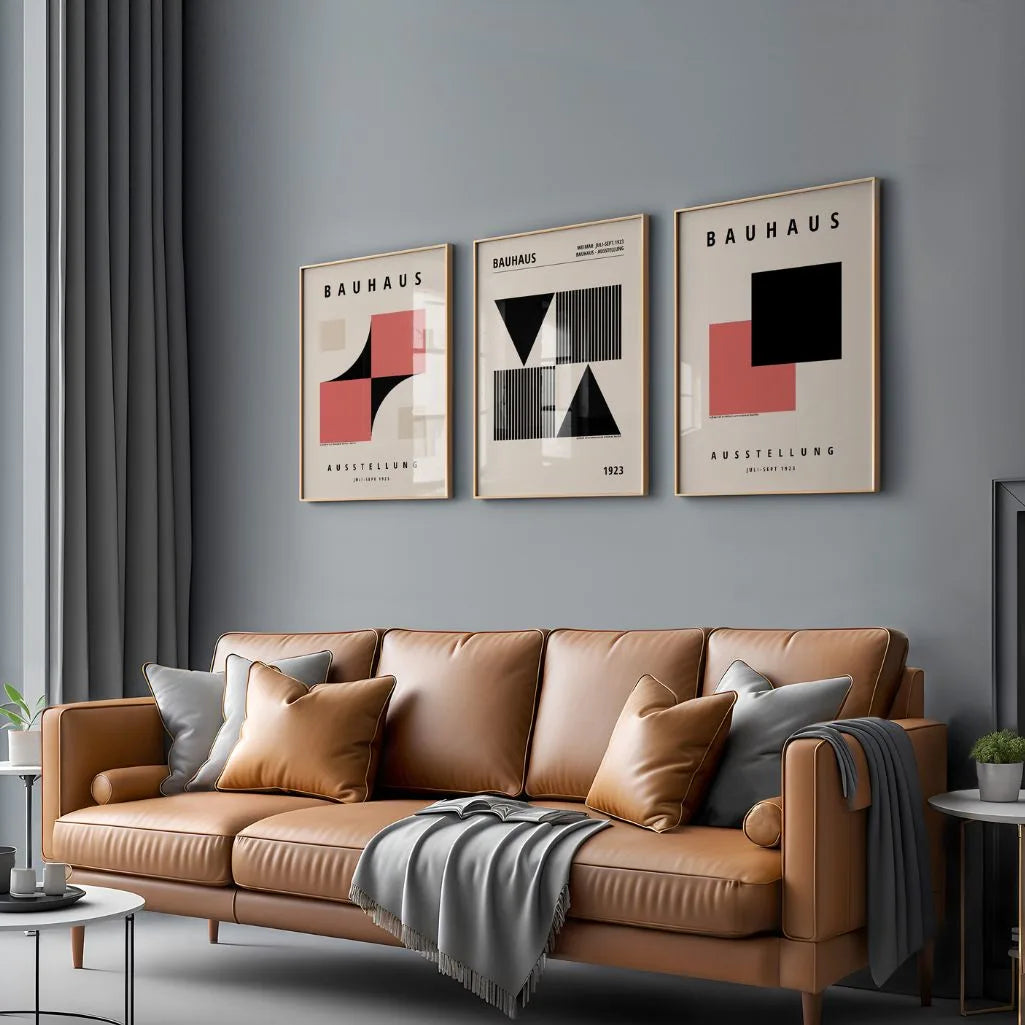 red and black bauhaus wall art set with negative space in modern living room