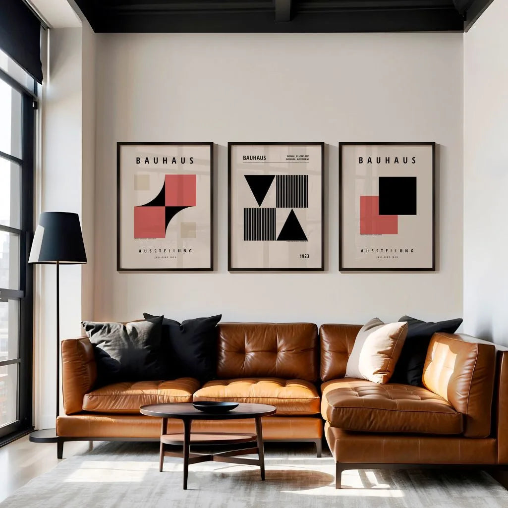 red and black geometric bauhaus poster set in contemporary office workspace