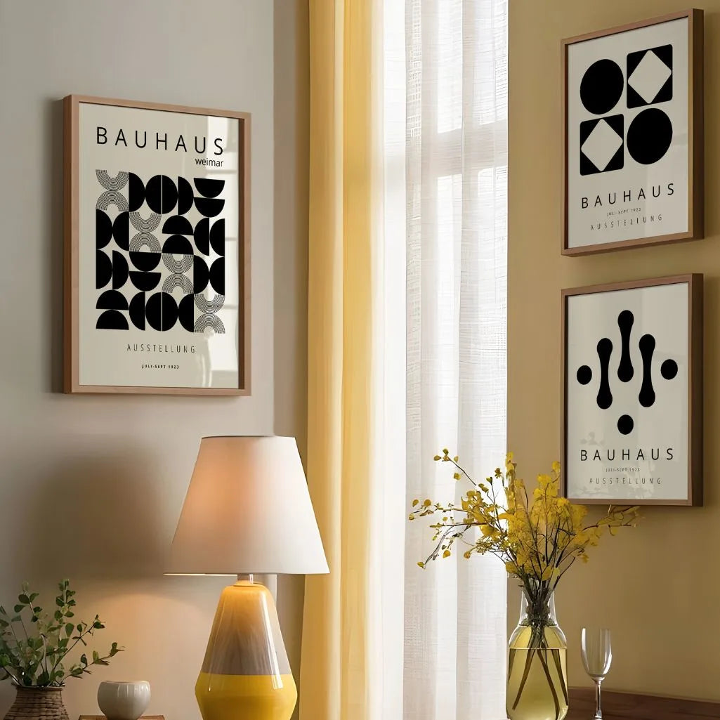 bauhaus poster set of 3 arranged in modern gallery wall