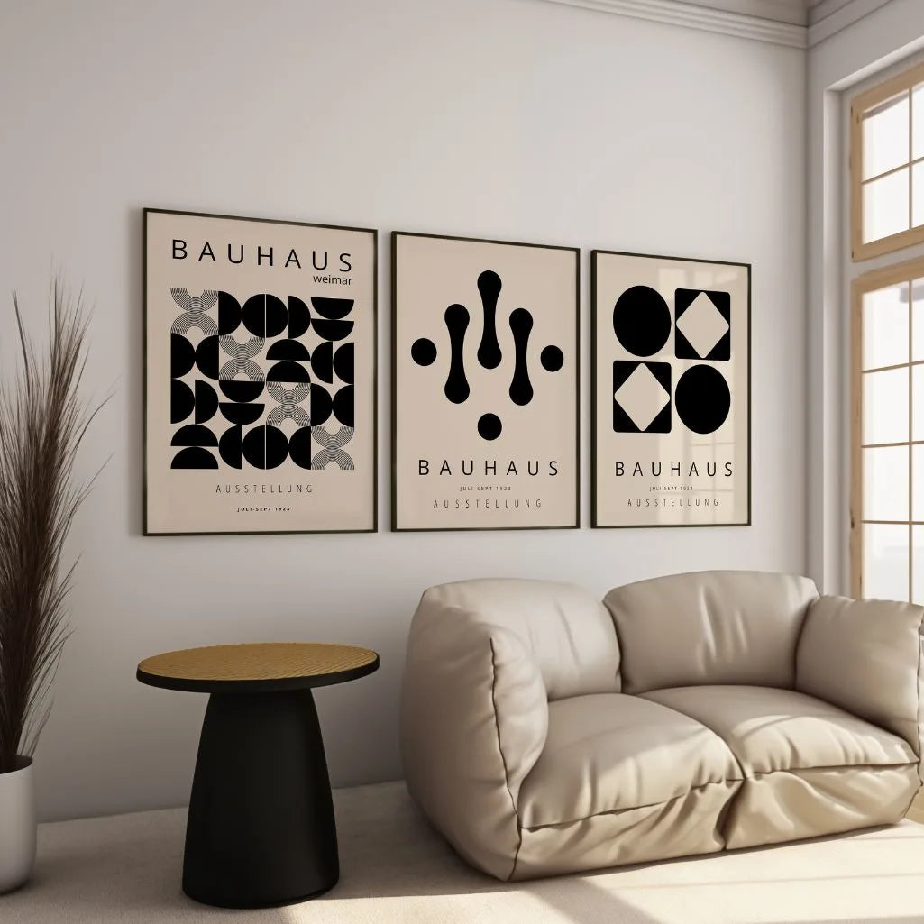 bauhaus wall art set of 3 in modern living room interior