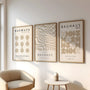 beige geometric bauhaus poster set in soft minimalist bedroom interior