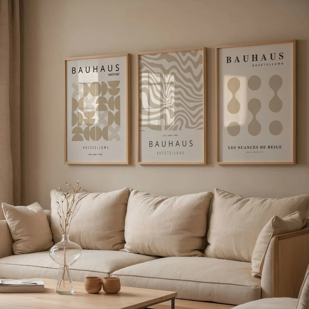 beige bauhaus wall art set in calm modern living room
