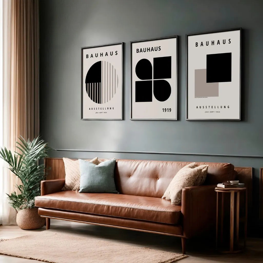 bauhaus poster set of 3 black beige structured gallery wall modern interior