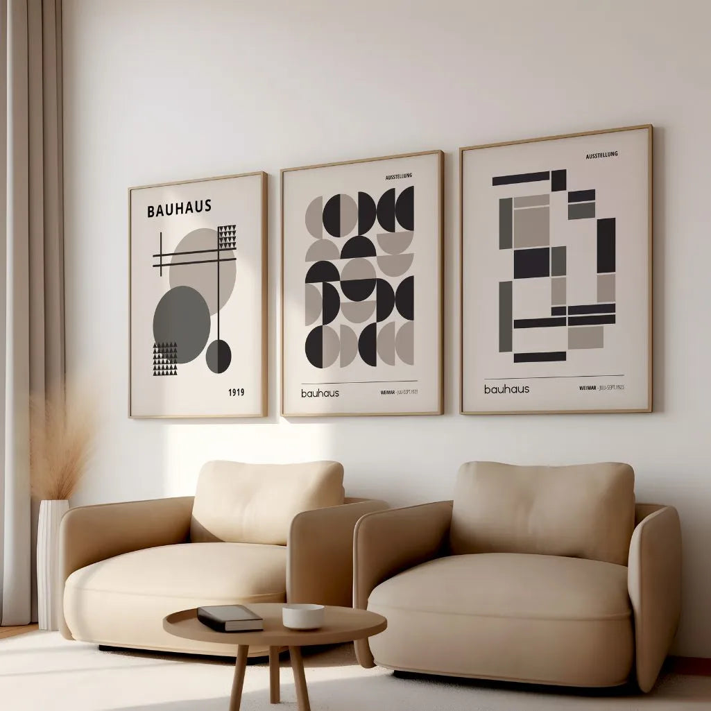 black graphite and beige bauhaus wall art set in modern minimalist living room