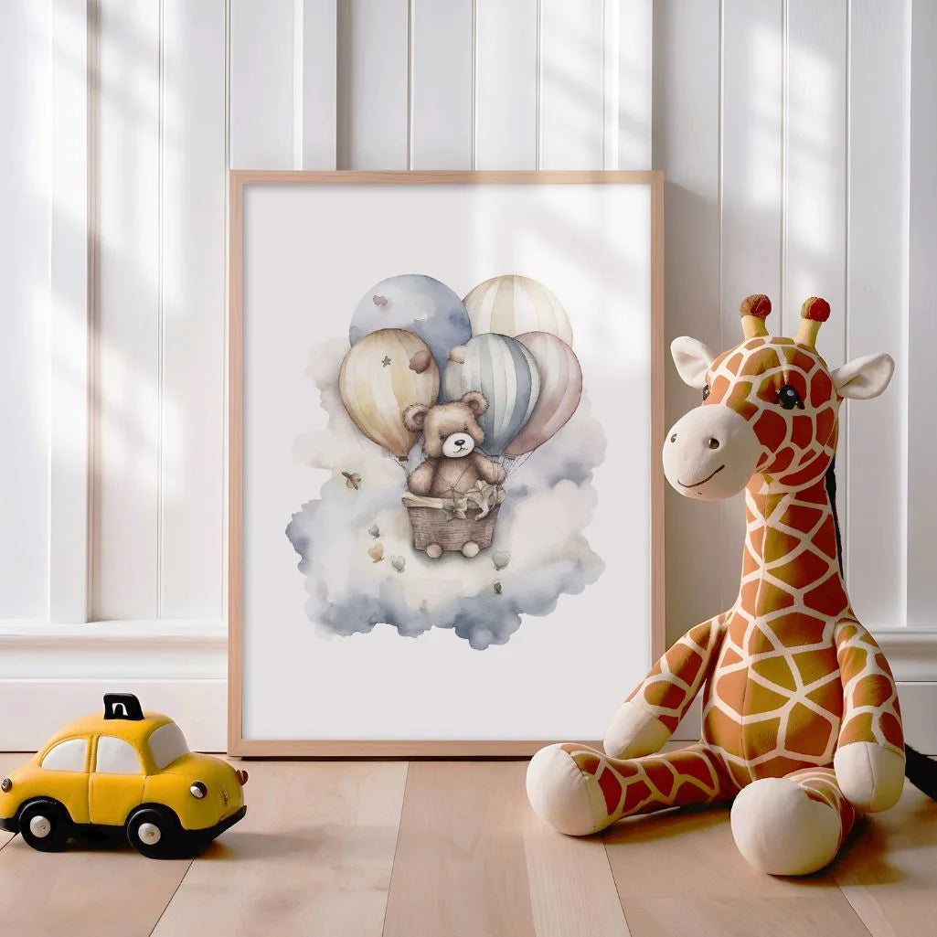 bear in basket balloons poster nursery decor