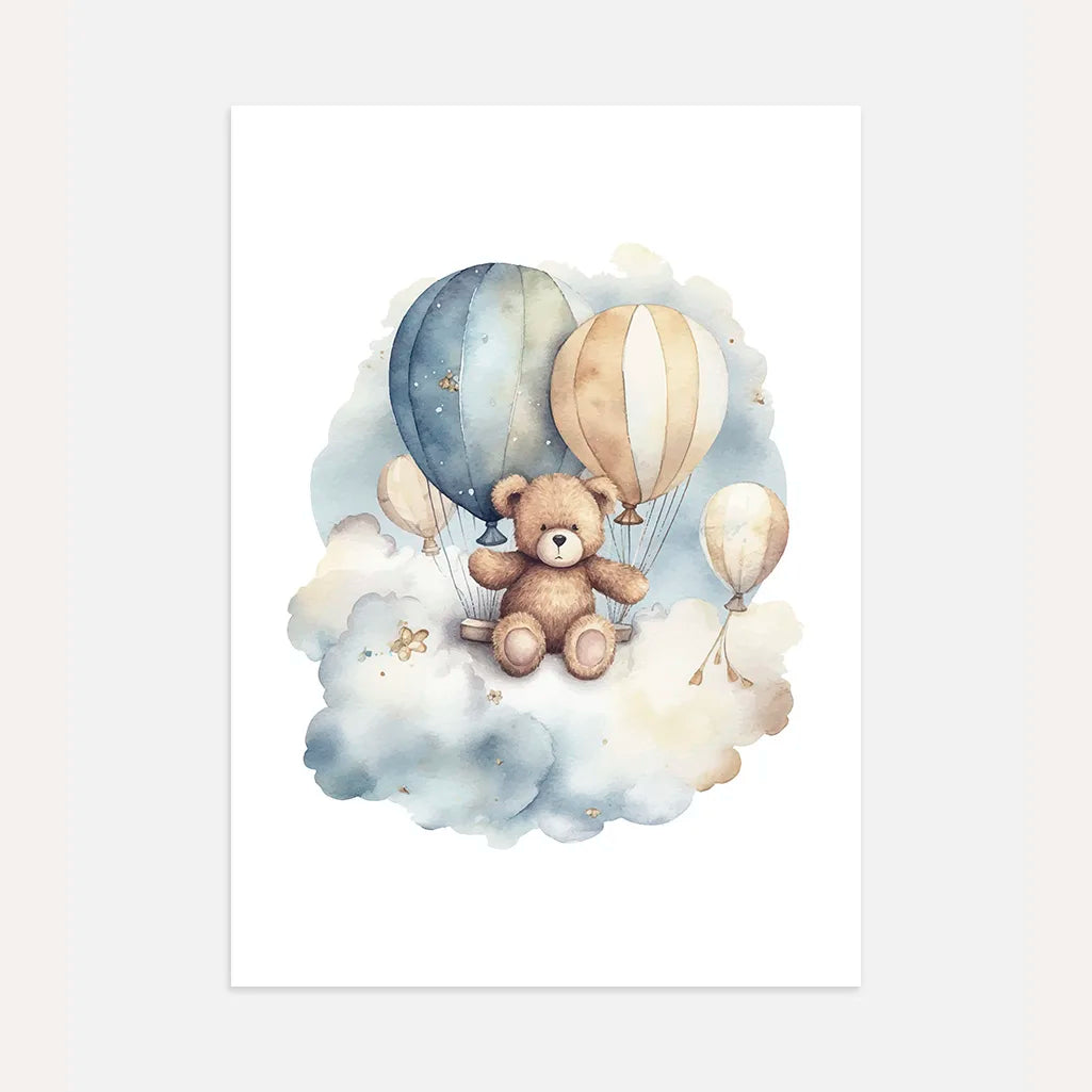 bear on a cloud with balloons poster kids wall art