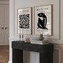 Set of 2 black abstract posters styled above sofa in modern living room wall decor