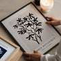 Close up of black botanical branch poster showing bold silhouette and clean contrast