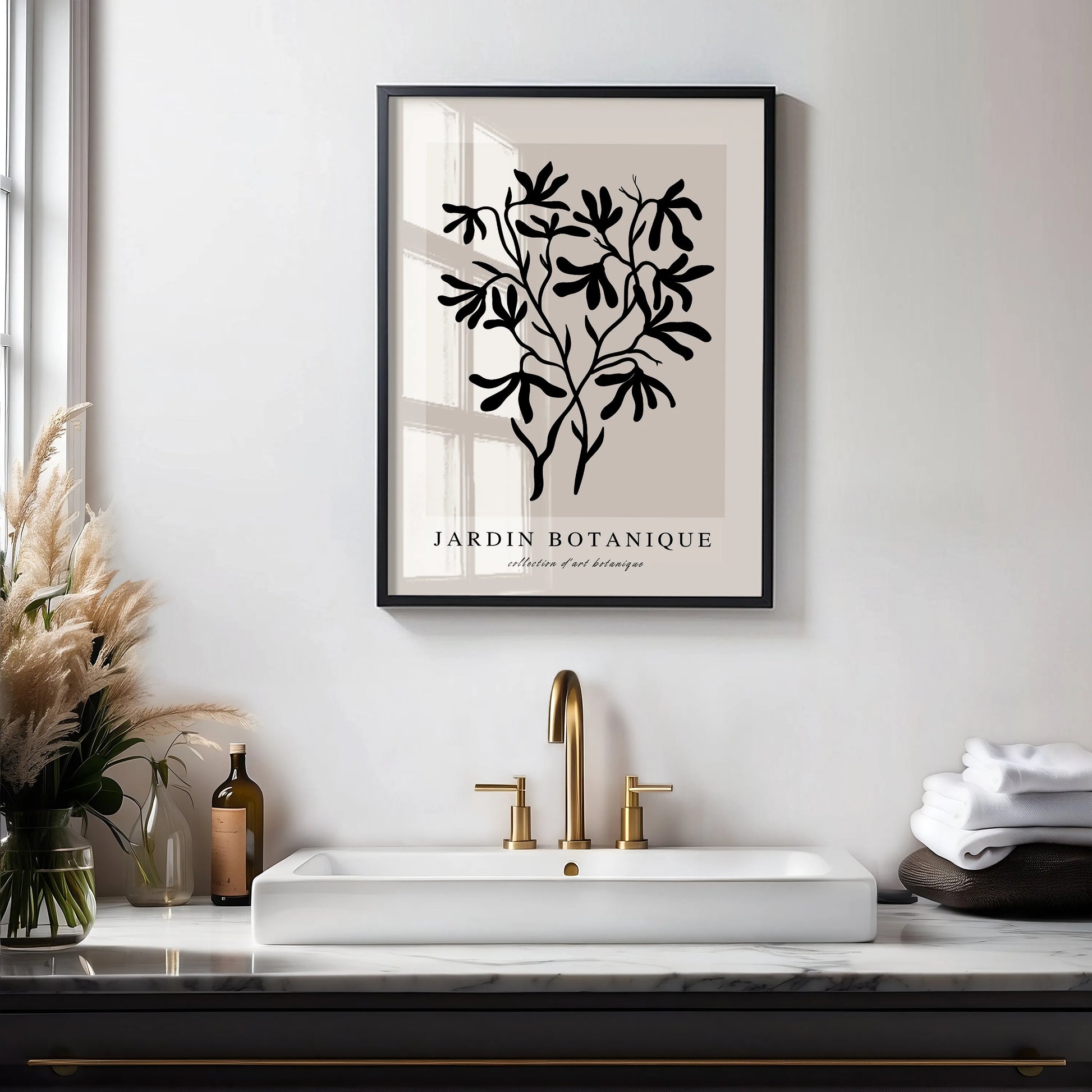 Black botanical branch poster styled in modern living room with neutral beige decor