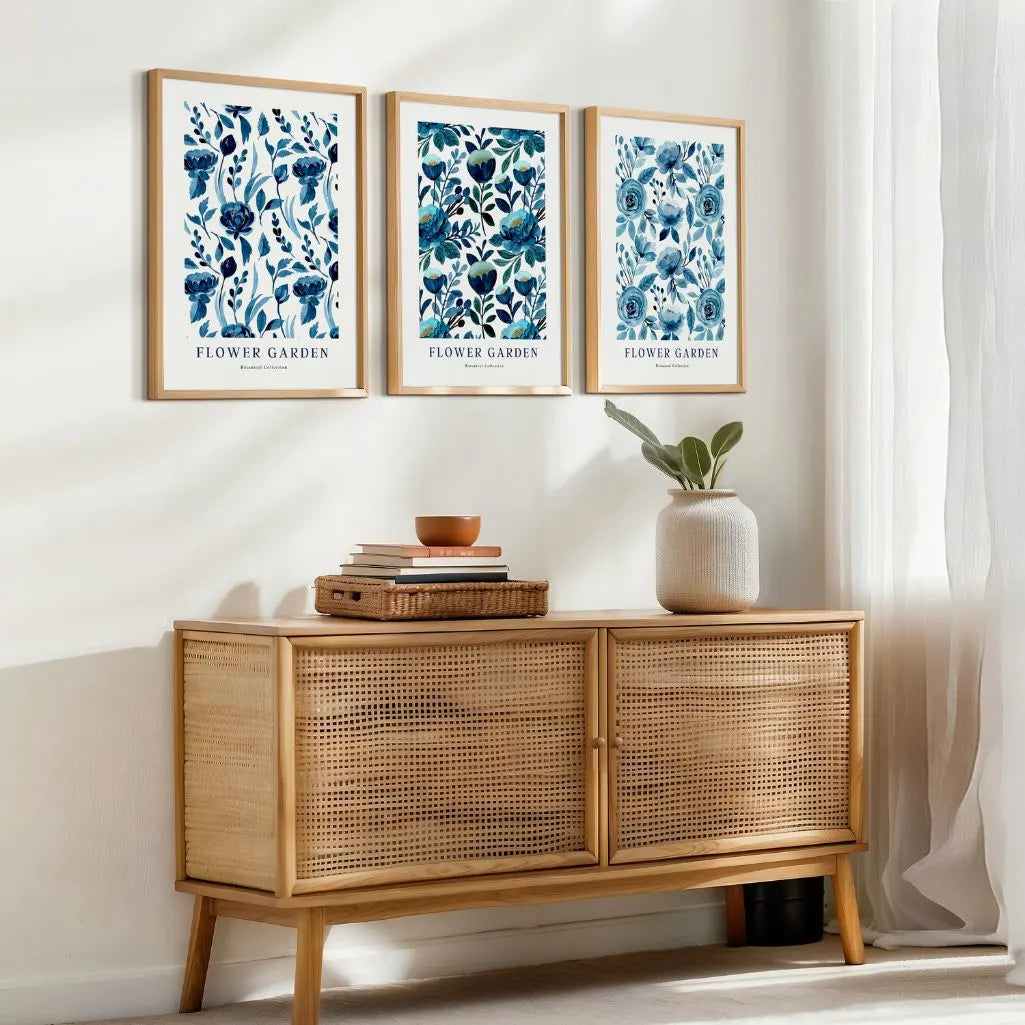 blue floral pattern poster set soft watercolor flowers bedroom wall art decor
