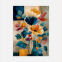 boho floral abstract poster in blue beige coral and gold tones for modern living room wall decor
