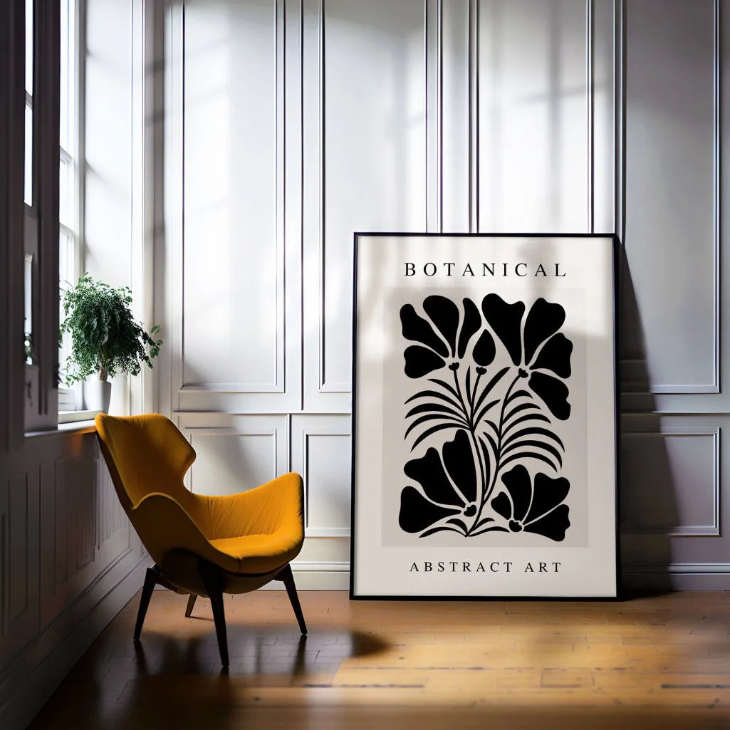 Botanical abstract flowers poster displayed in gallery wall with modern minimalist decor