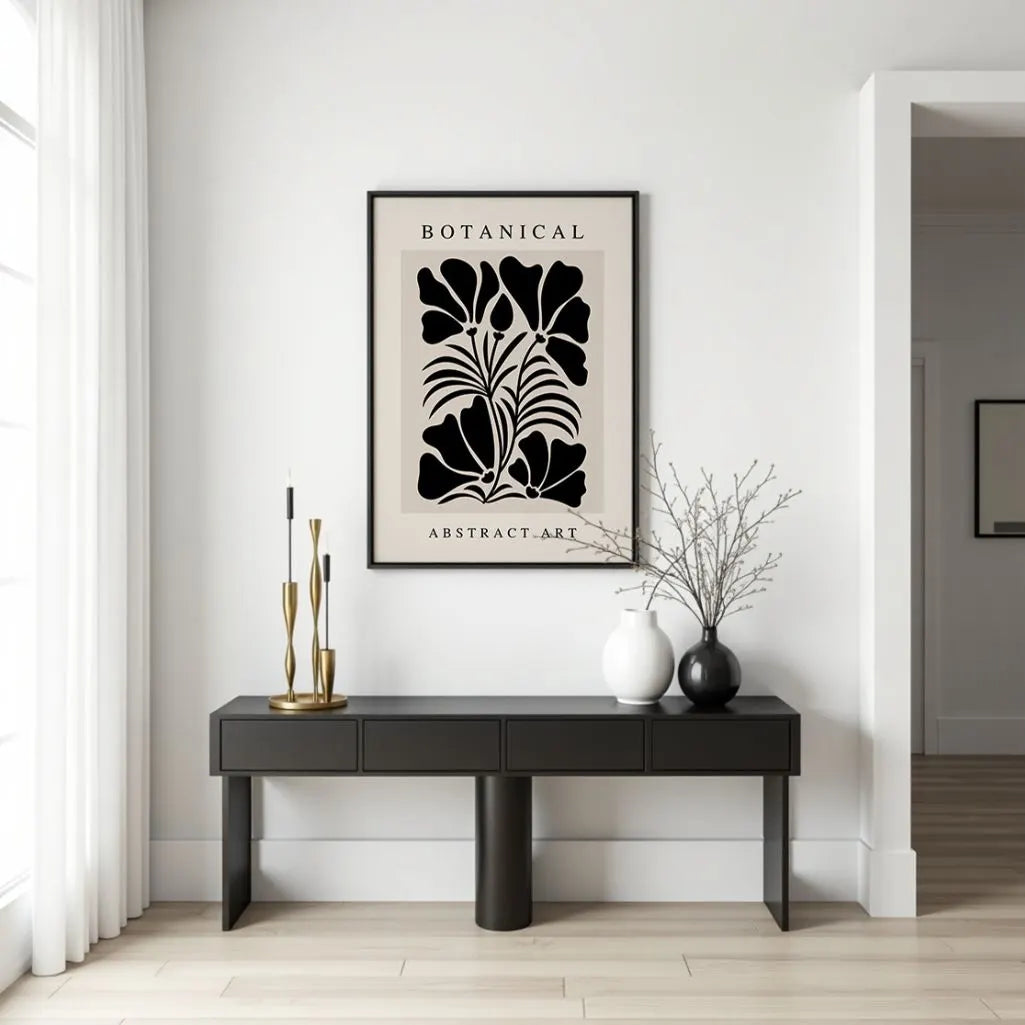 Minimalist botanical floral poster in beige tones styled in calm bedroom interior
