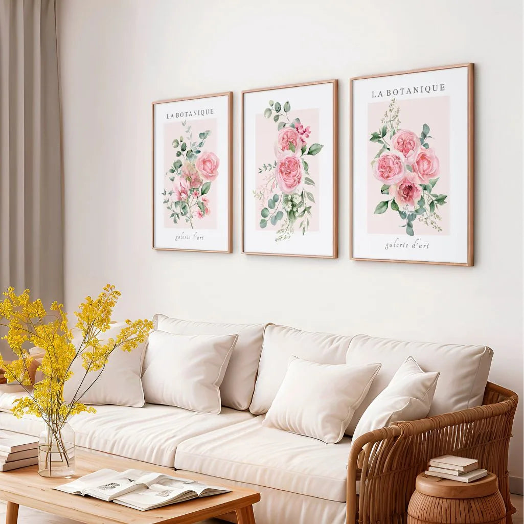 botanical rose poster set of 3 framed wall art above sofa soft beige bedroom romantic interior decor