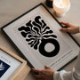 Botanical vase abstract poster in minimalist bedroom with neutral decor