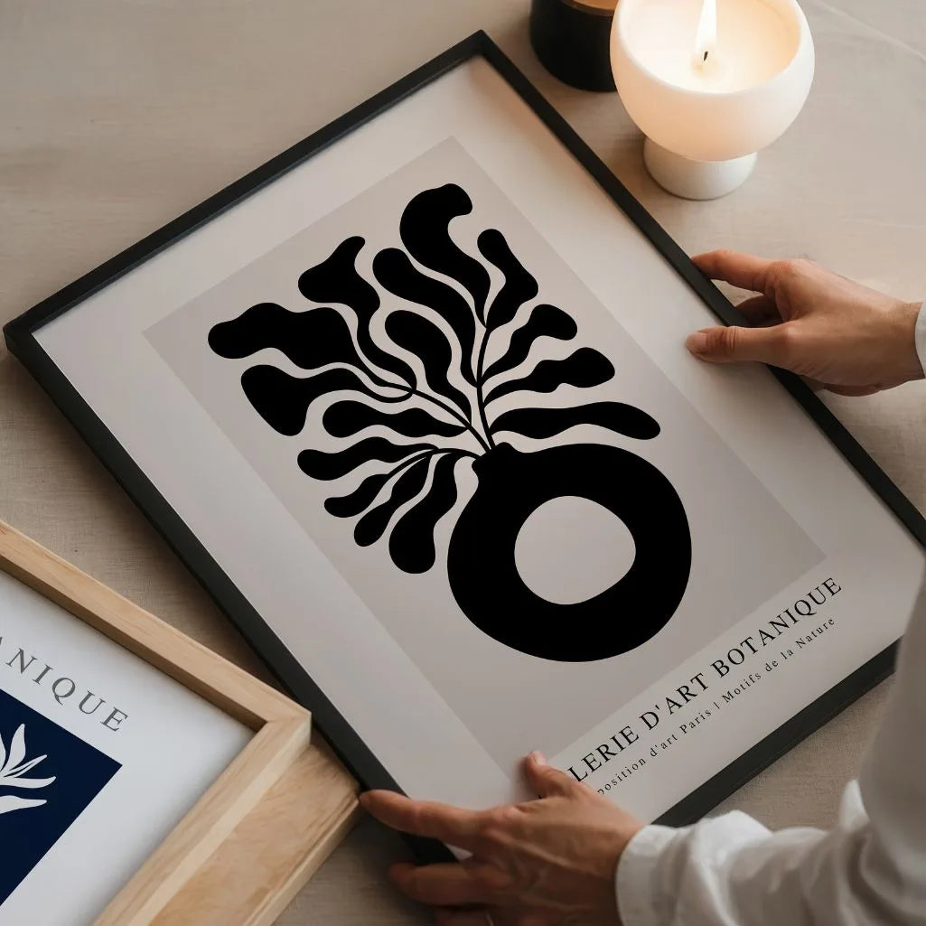 Botanical vase abstract poster in minimalist bedroom with neutral decor