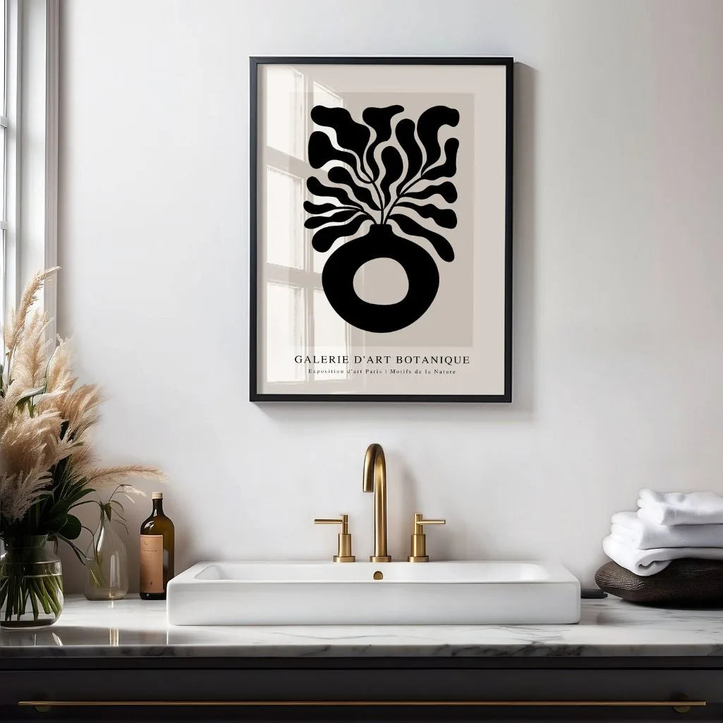 Close up of botanical vase poster showing bold black abstract shapes
