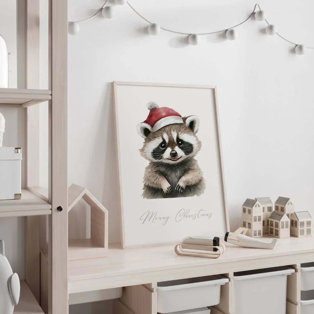 christmas raccoon poster kids bedroom festive wall art