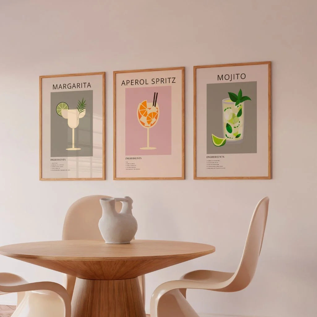 stylish cocktail prints set margarita aperol mojito arranged as gallery wall decor neutral beige colors