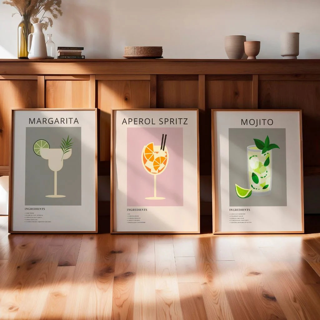 cocktail poster set margarita aperol mojito styled in home bar interior soft beige color palette