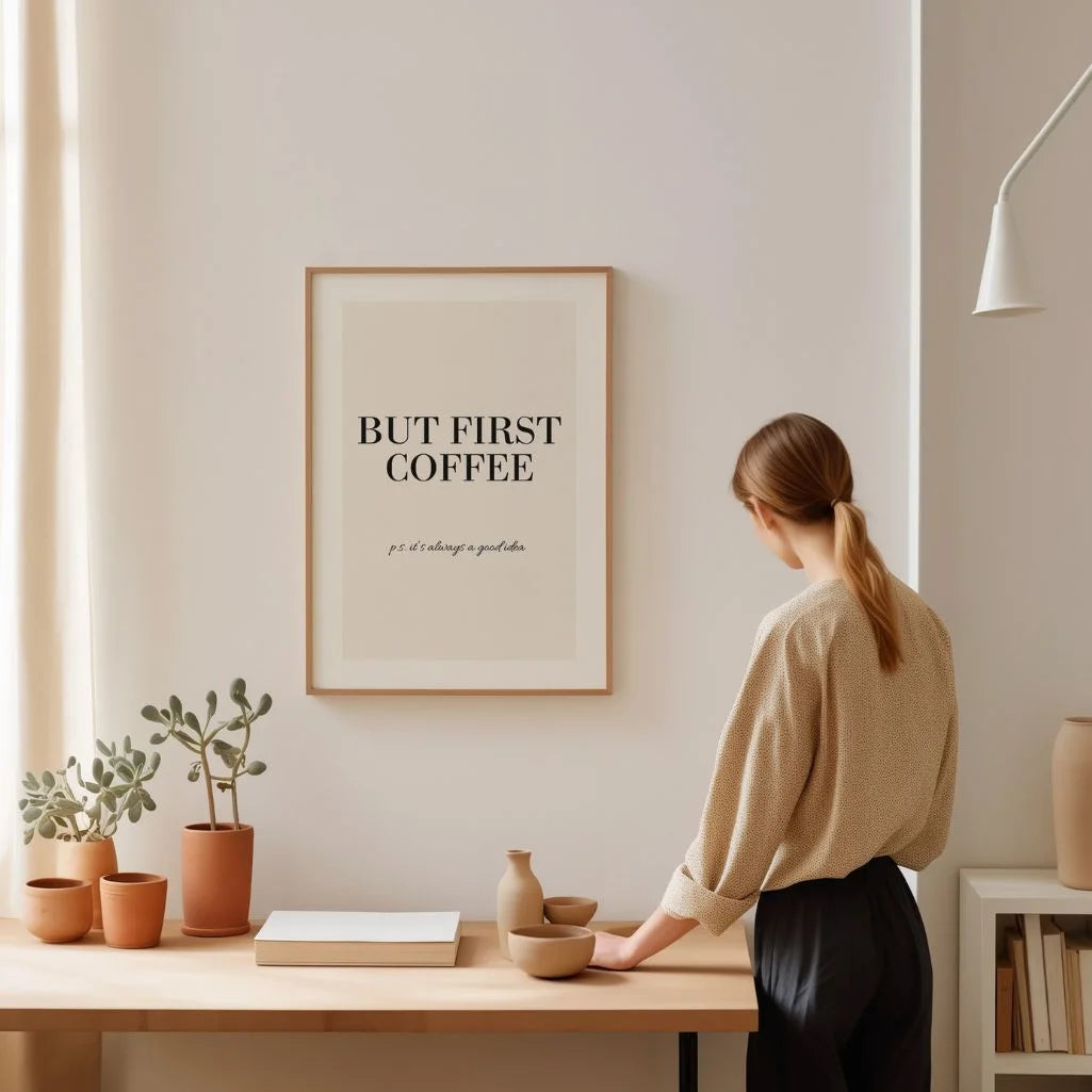 minimalist coffee quote wall art in Scandinavian style interior