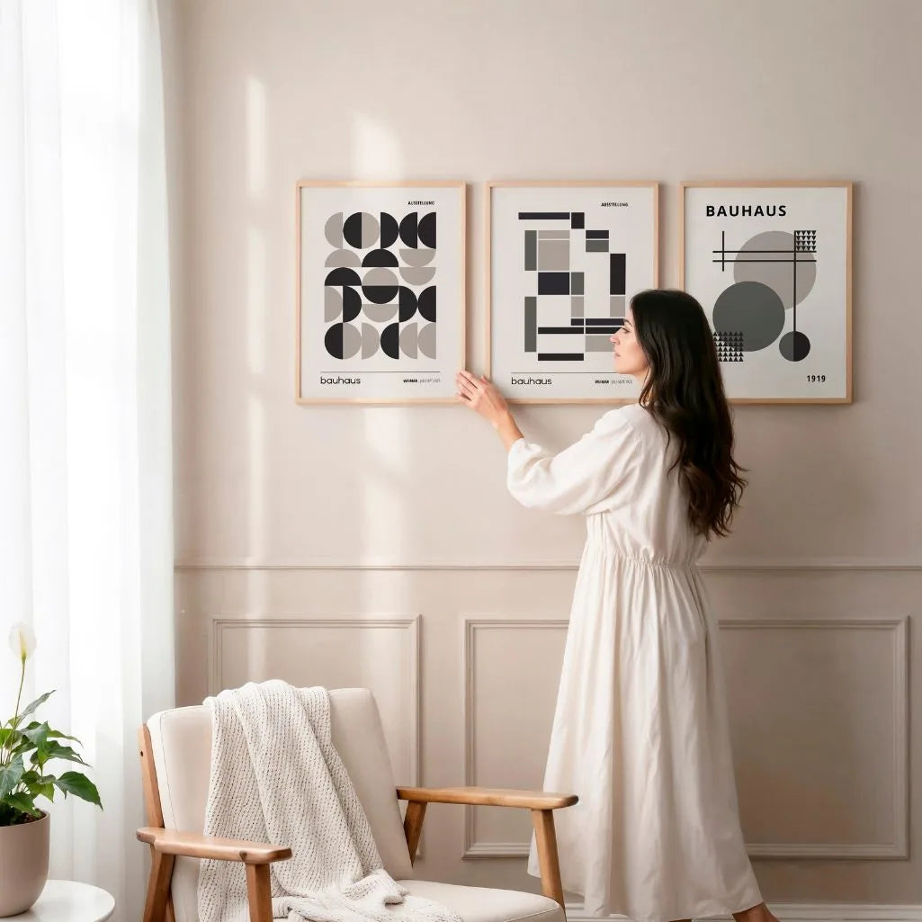 black graphite and beige geometric bauhaus poster set in contemporary office workspace