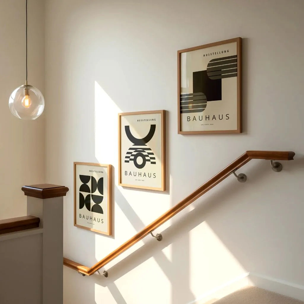 black beige and olive bauhaus poster set arranged in modern gallery wall sequence