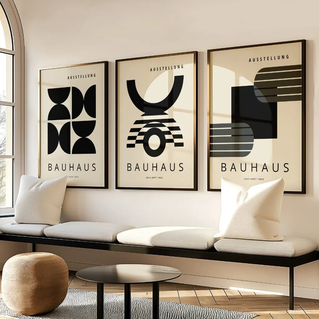 black beige and olive bauhaus wall art set in modern minimalist living room