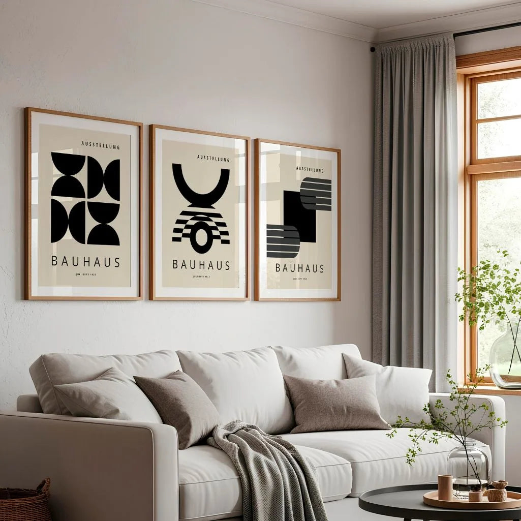 black beige and olive geometric bauhaus poster set in contemporary office workspace